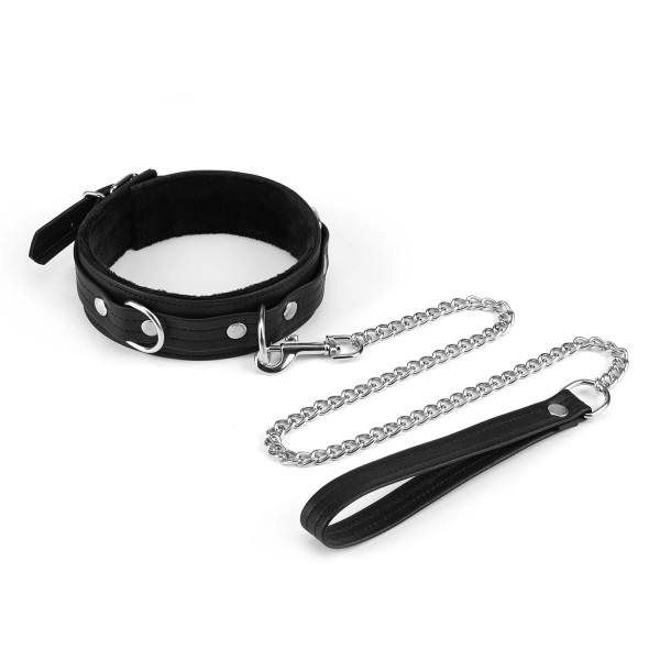 LIEBE SEELE Black Bond: Leather Collar with Soft Lining and Chain Leash